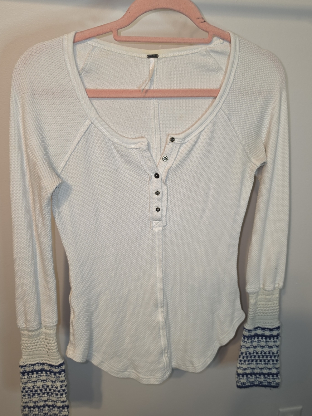Free People White Waffle Knit Henley with Blue Patterned Cuffs